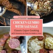 A collage of photos for making a chicken gumbo, including a roux and adding sausage.