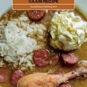 Pinterest Pin for a bowl of chicken gumbo with rice and potato salad. .