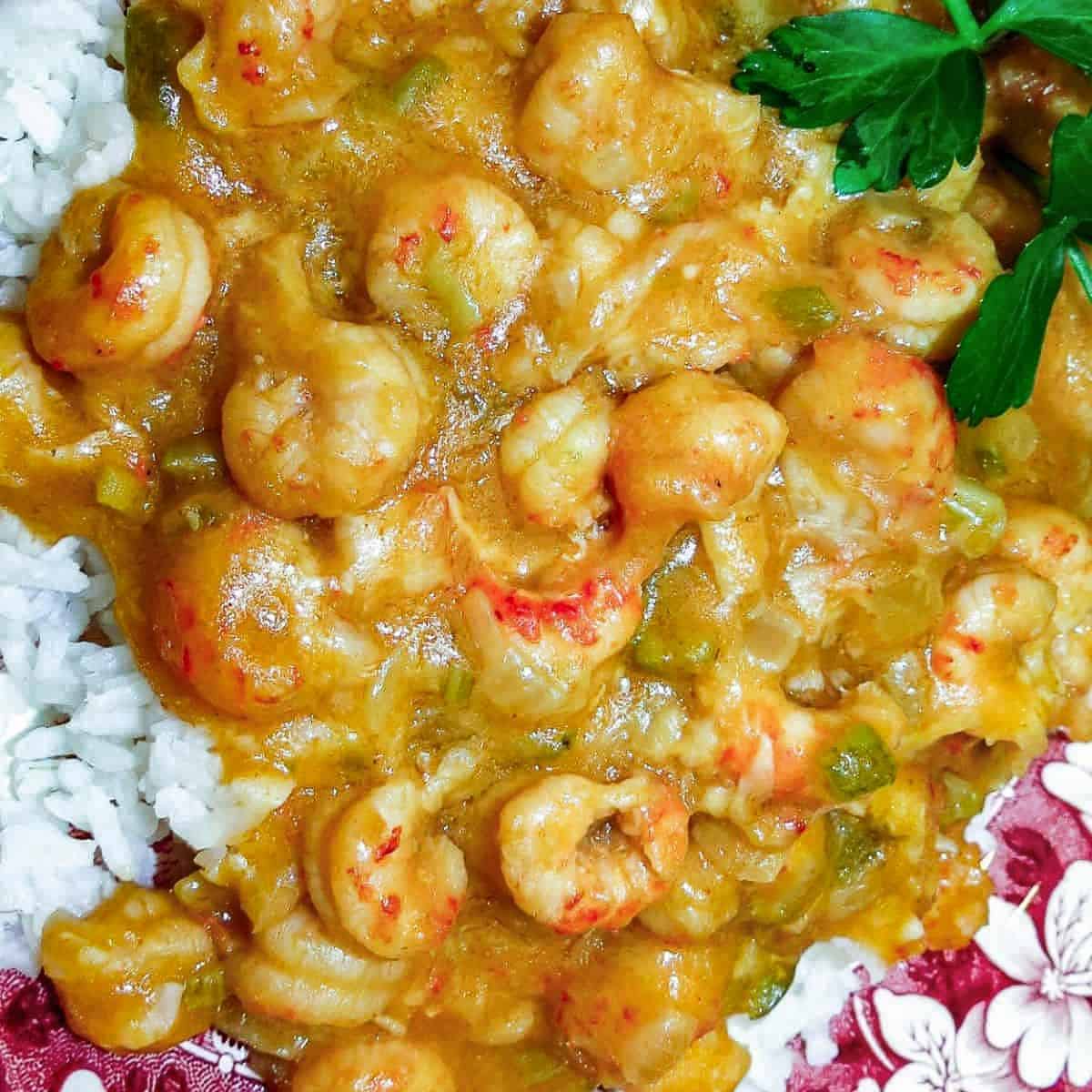 Crawfish etouffee over white rice with parsley garnish.
