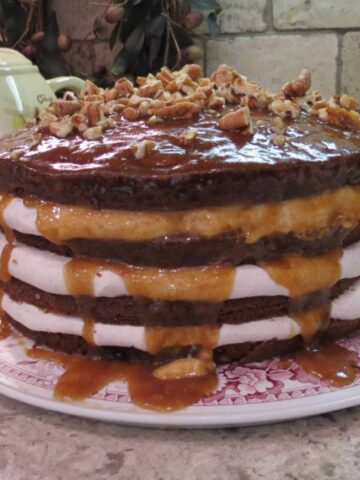Four layers of fig cake on red toil cake plate.