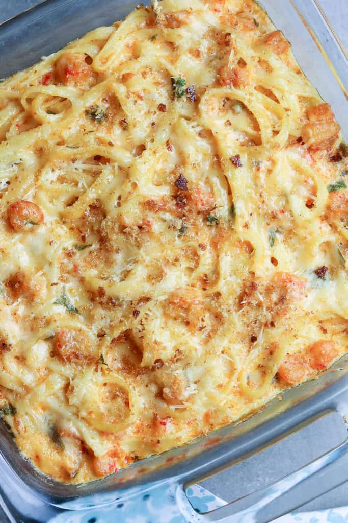 A Crawfish Fettuccine served in a glass casserole dish.