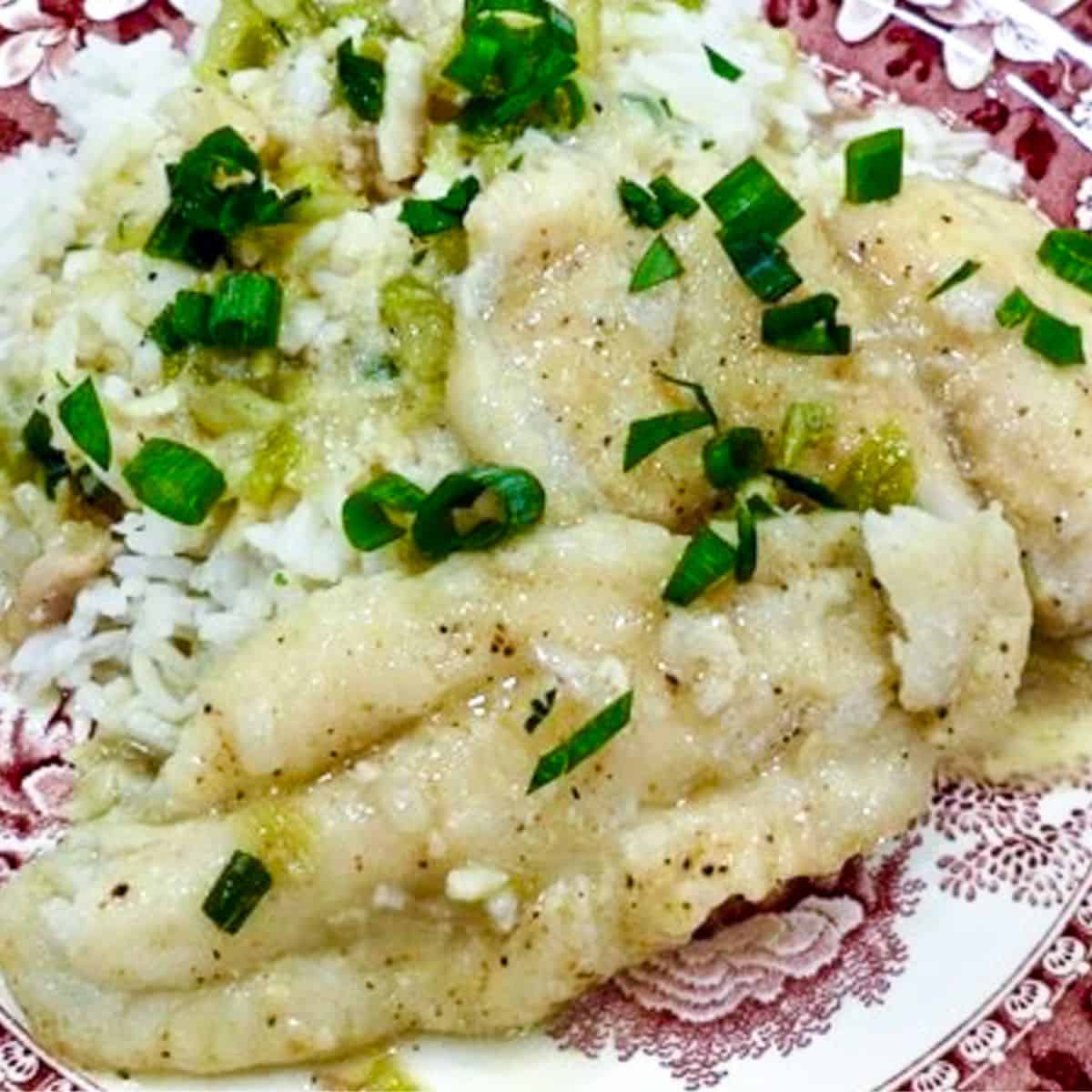 Fish fillets cooked in a white saue on a bed of white rice.