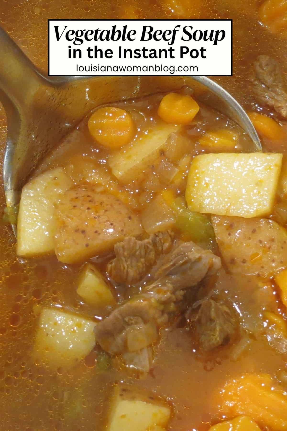 Photo of vegetable beef soup in a pot. With a title written across it.