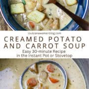 A blue bowl of creamed potato and carrot soup with a spoon in it.