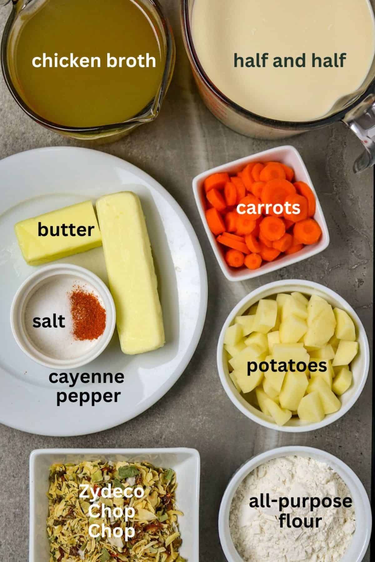 Different ingredients of carrots, potatoes, butter seasonings, half and half, flour, and chicken broth for Creamy Potato And Carrot Soup.