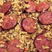 Rice and sausage in a jambalaya.