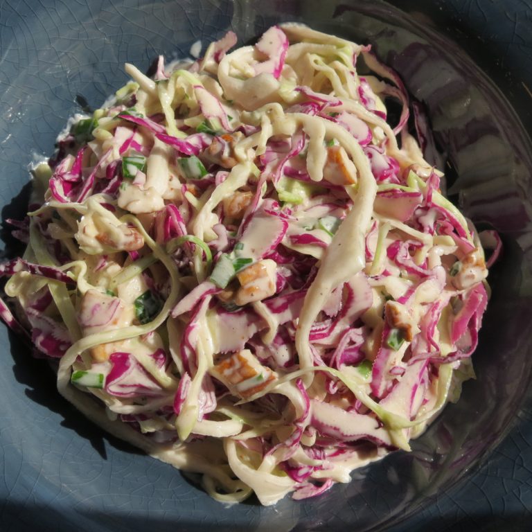 Southern Louisiana Coleslaw in a blue bowl.