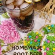 A glass of homemade roo tbeer.