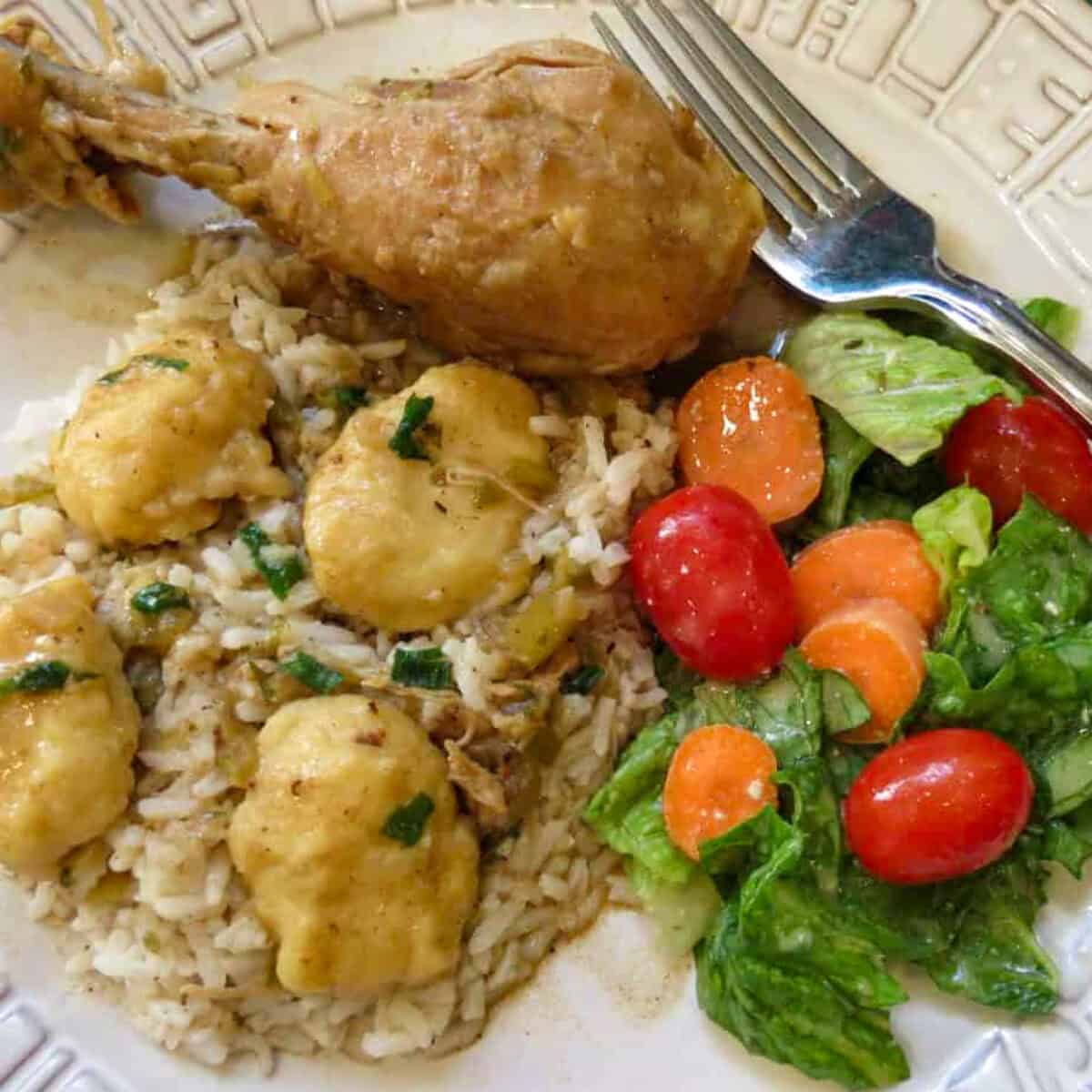 A plate of chicken fricassee with rice, gravy, chicken, dumplings, and salad.