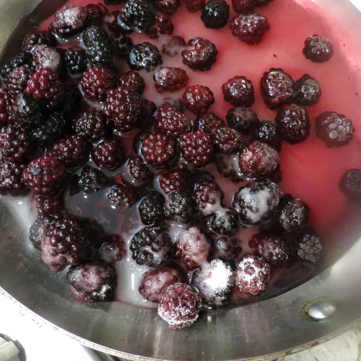 A sauce pan with fresh blackberries and sugar in water.