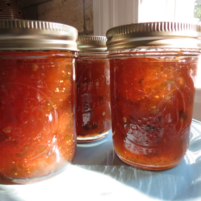 Fig Pepper Jelly in glass jars with lids.