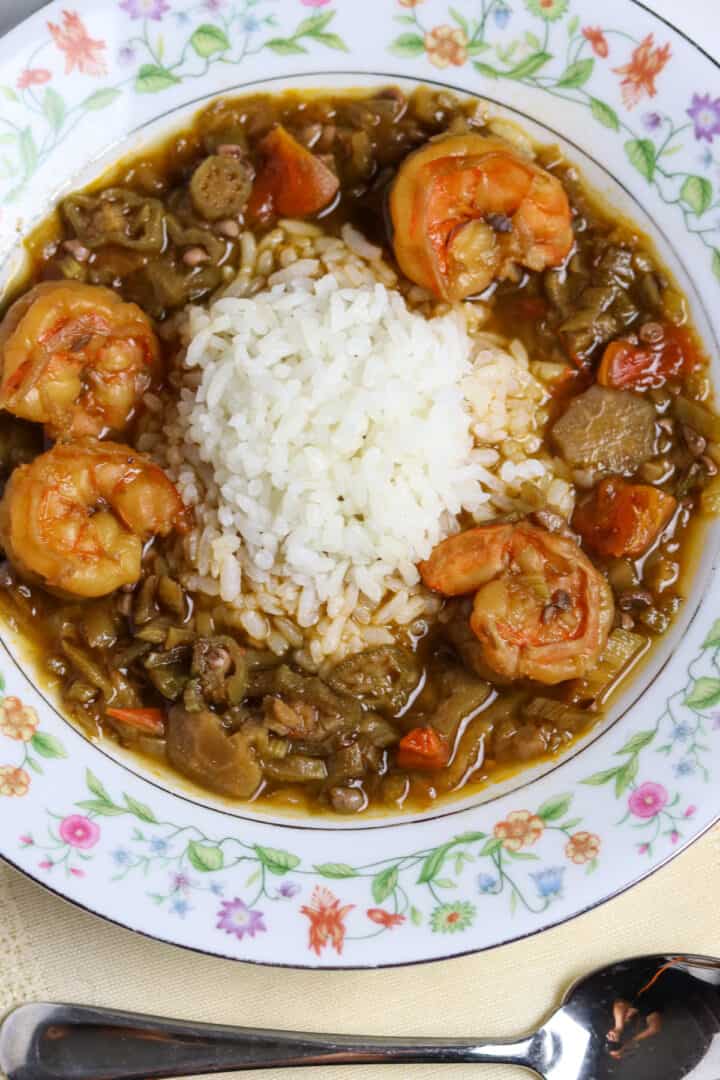 A bowl of Shrimp Okra Gumbo with rice.