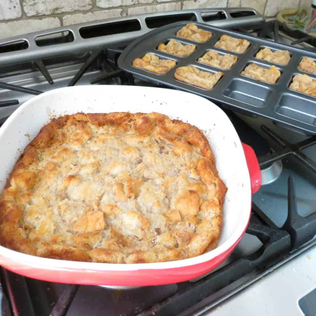 A pan of baked bread pudding.