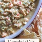 A Pinterest pin of crawfish dip with chips.