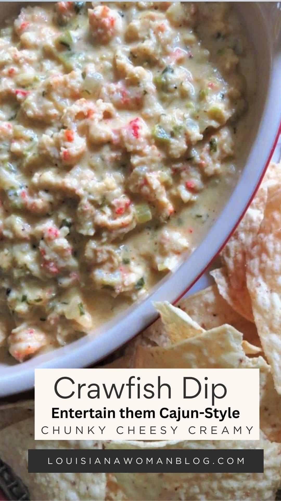 A Pinterest pin of crawfish dip with chips.