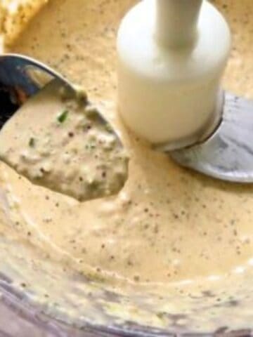 Creamy remoulade sauce in a food processor.