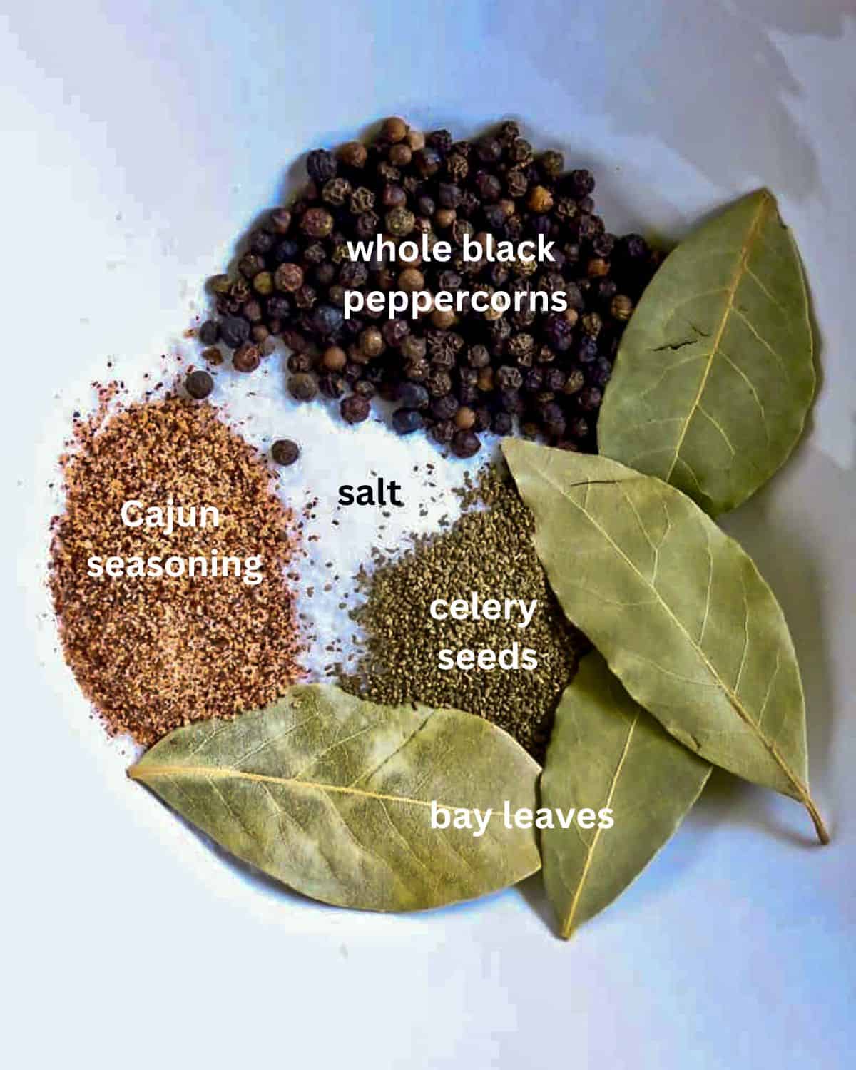 Seasonings of salt, peppercorns, Cajun seasoning, celery seeds, and bay leaves in a white bowl.
