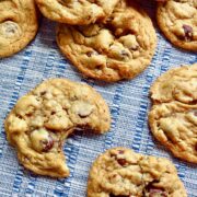 Chocolate Chip Cookies on a blue and white place mat.