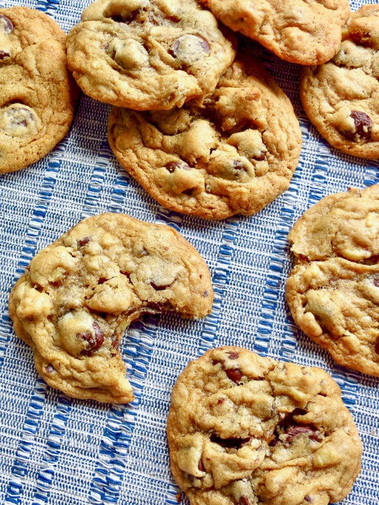 Chocolate Chip Cookies on a blue and white place mat.