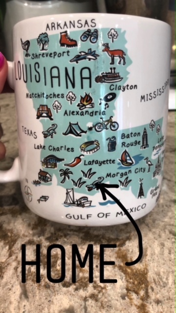 A mug with the map of Louisiana on it.
