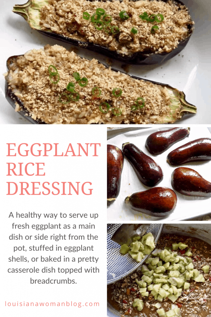 Dish with 2 eggplant shells stuffed with Eggplant Rice Dressing.