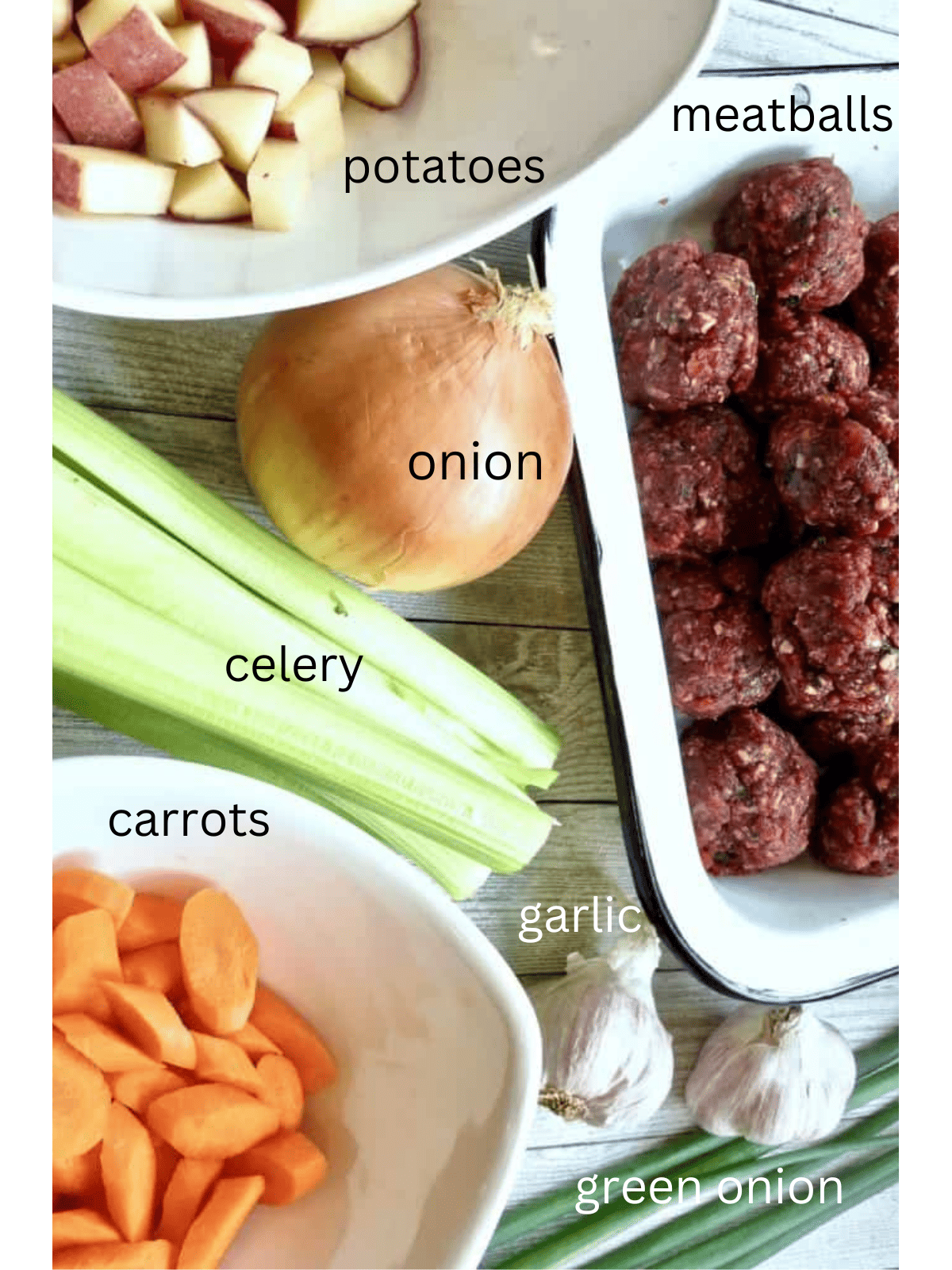 Ingredients of meatballs with potatoes, celery, onion, and carrots.