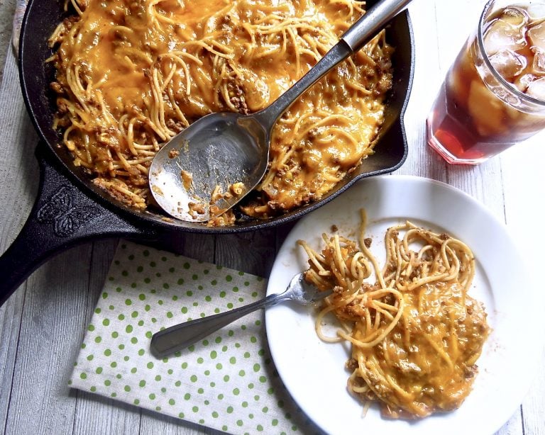 Serving of More Casserole, Cast-Iron One-Pot Meal.