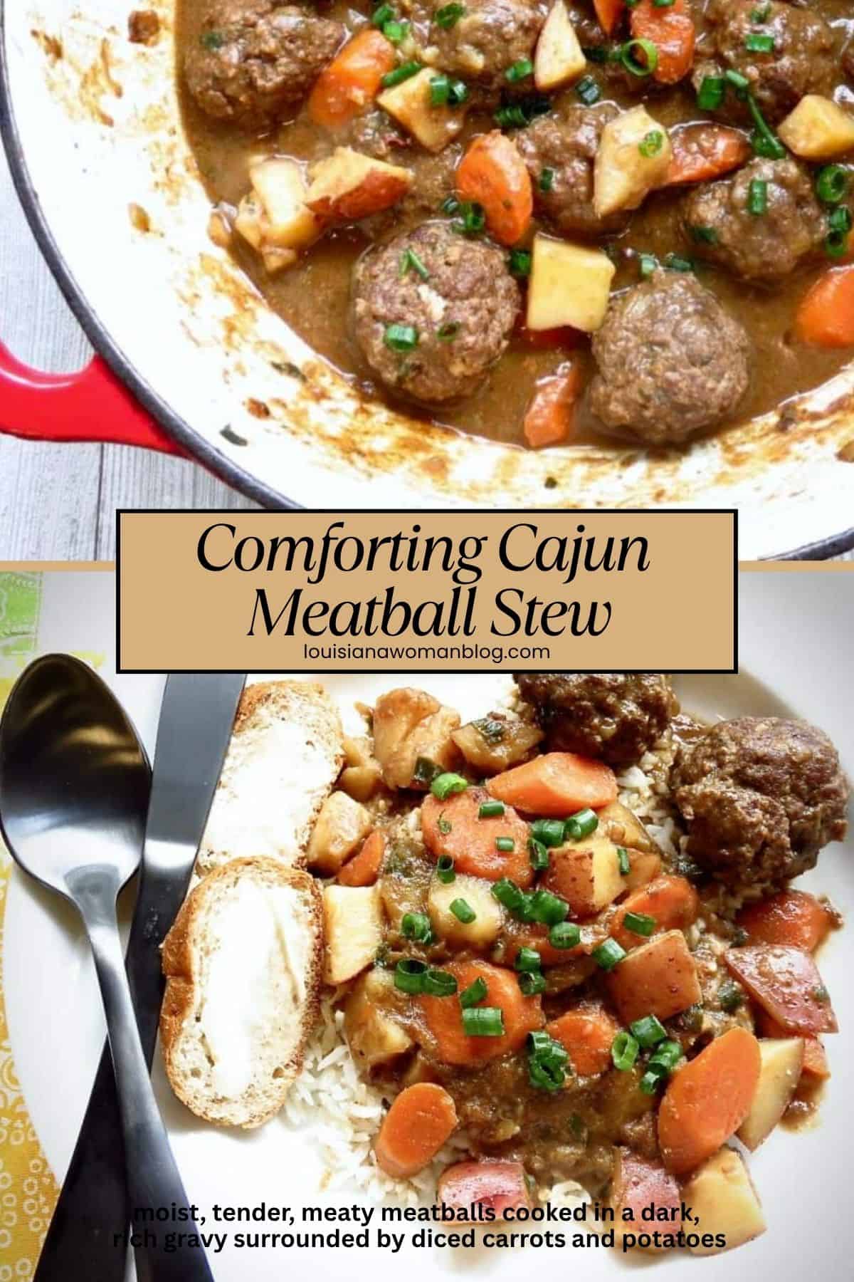 A pinterest collage with a title and 2 phots of meatball stew.