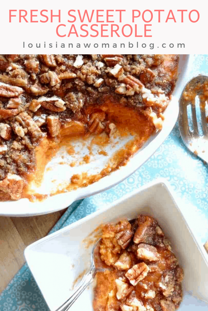 A sweet potato casserole dish with a  serving in a smalll white bowl next to it.