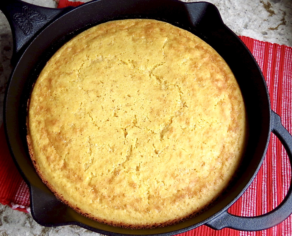 Iron Skillet Cornbread cooked in black iron skillet.