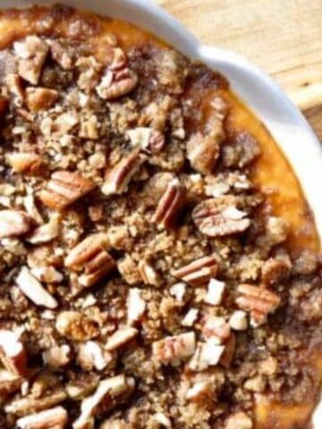 Casserole dish of Fresh Sweet Potato Casserole.