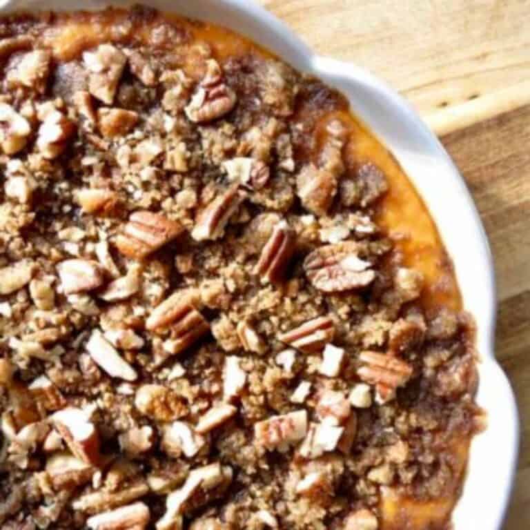 Casserole dish of Fresh Sweet Potato Casserole.