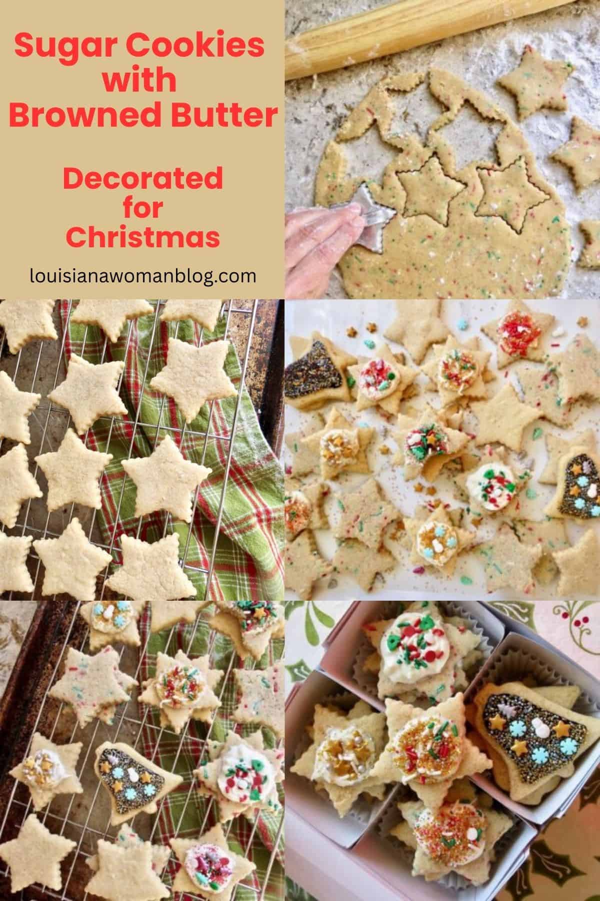 A picture collage of sugar cookies shaped and baked for pinterest.