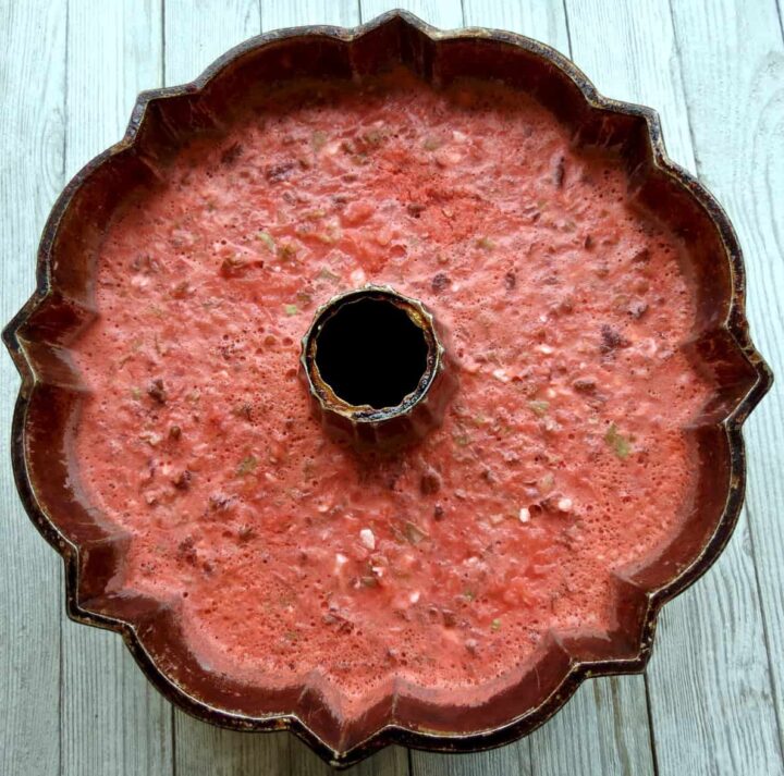 Cherry Or Lime Flavored poured into a round bundt cake mold.