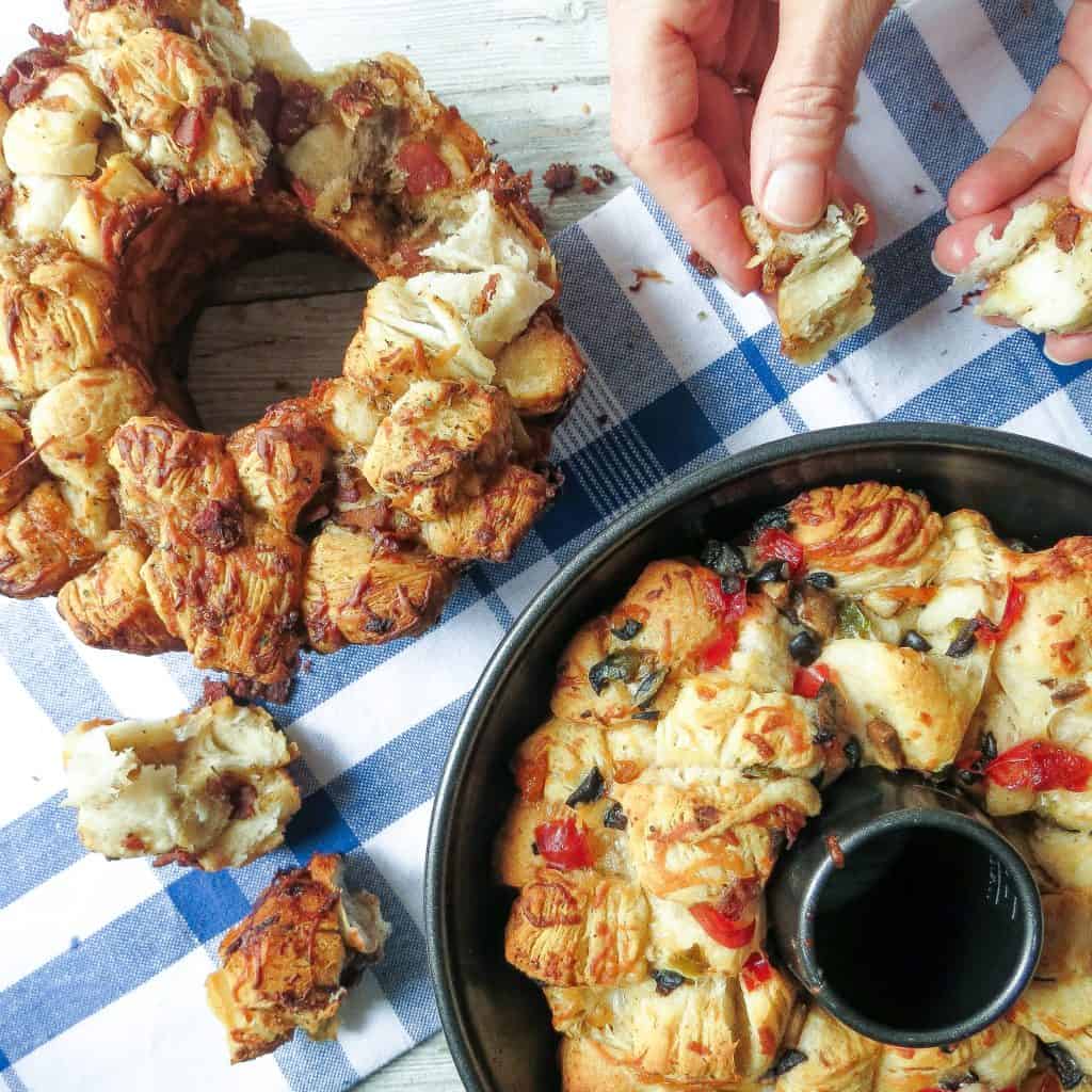 Two pull apart breads baked in bundt pans.