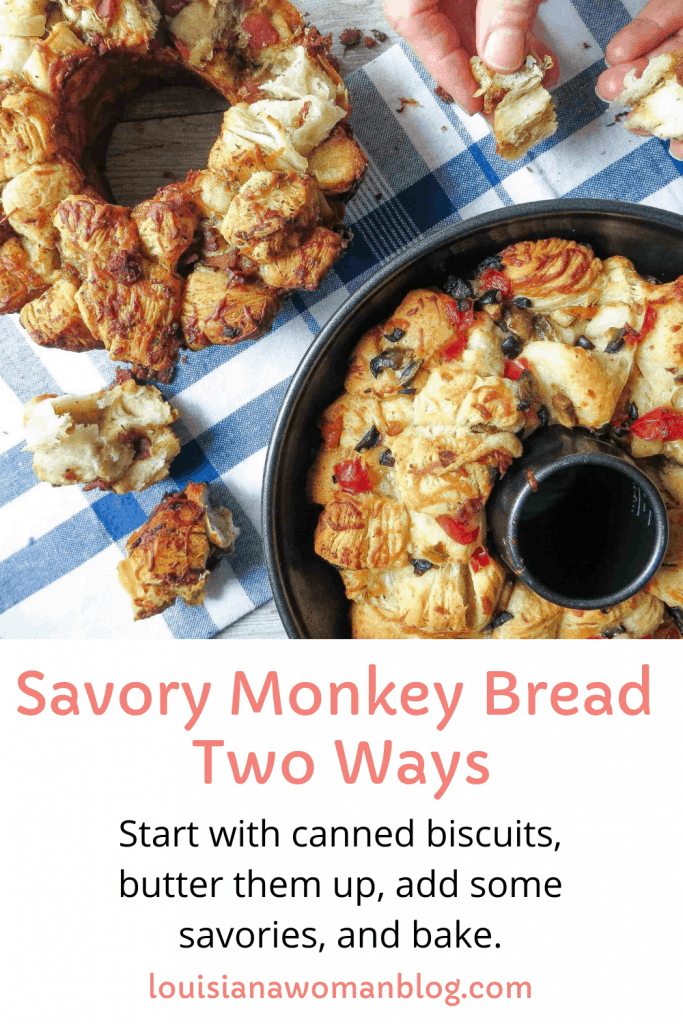 Two loaves of Savory Monkey Bread, Two Ways on a white and blue plaid dish towel.