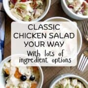 A Pinterest pin with 5 cups of different chicken salads, with Classic chicken salad Your Way written on top.