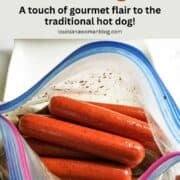 An opened zip top bag with marinated hot dogs in it.
