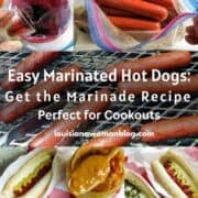 A Pinterest Pin for marinated hot dogs with photos of wieners on a grill, a marinade, and 2 dressed hot dogs on a plate.