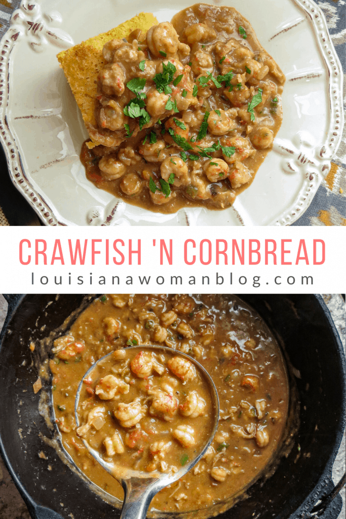 A dish of a square of cornbread topped with a crawfish stew.