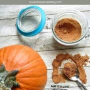 A Pinterest pin of a jar of spice mix with a small pumpkin and a spoonful on a board.