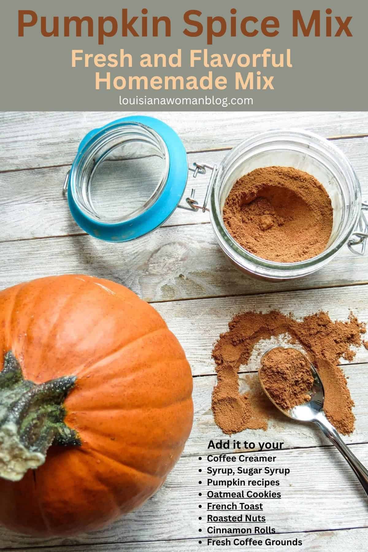 A Pinterest pin of a jar of spice mix with a small pumpkin and a spoonful on a board.