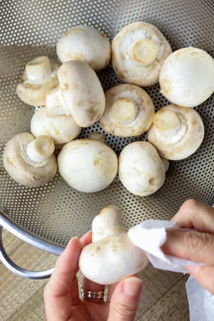 A strainer filled with white mushrooms and hands cleaning one with a napkin.