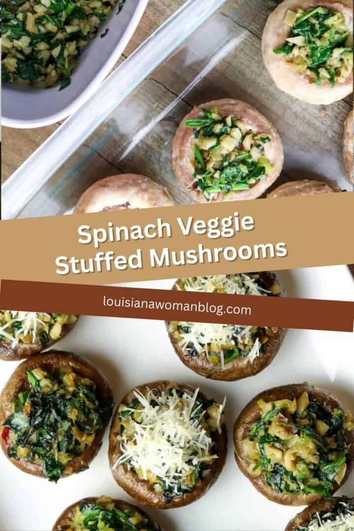 Split screen of stuffed mushrooms before and after they are baked.