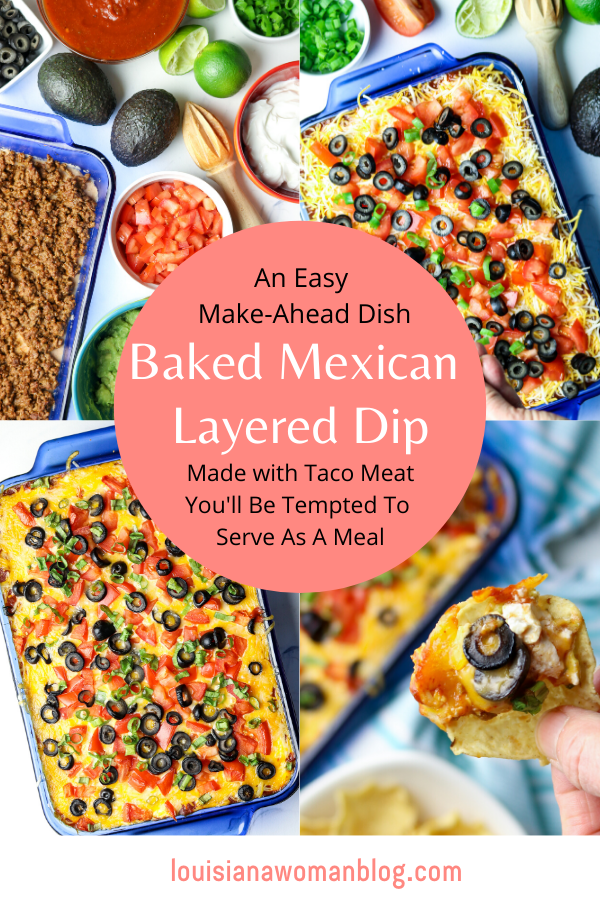 Four pictures of the process of making a Baked Mexican Layered Dip.