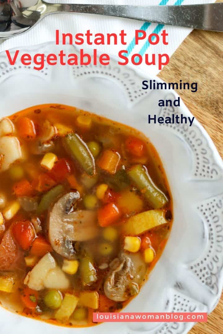 A white bowl of instant Pot Vegetable Soup.