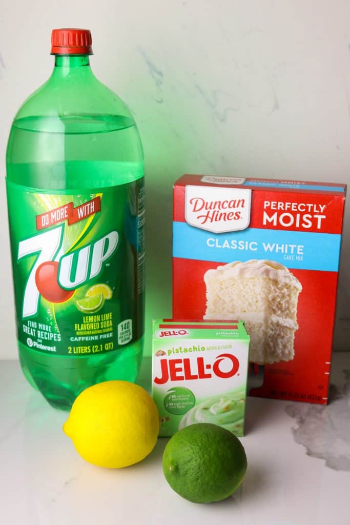 Ingredients of 7-Up Cake Mix Cake.