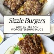 Two photos of sizzle burgers one on a plate with a bun and one cooking in a pan.