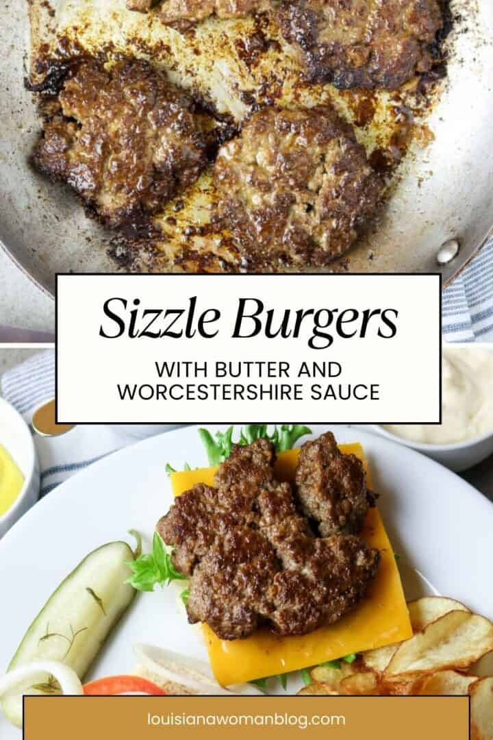 Two photos of sizzle burgers one on a plate with a bun and one cooking in a pan.