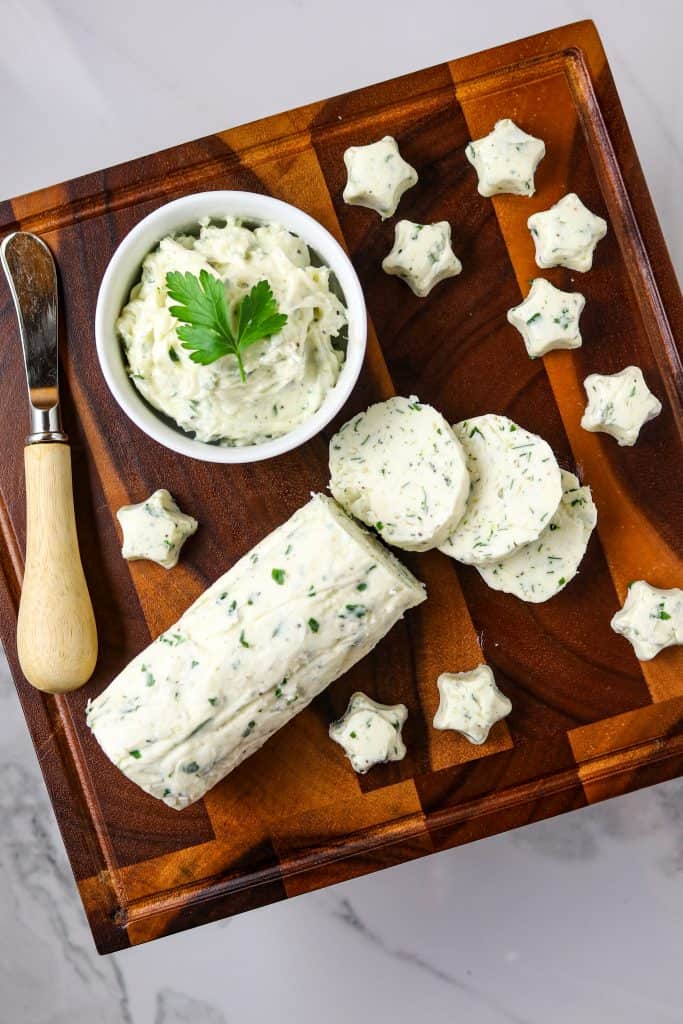 Herb Butter in a log shape, a bowl, and a star mold.